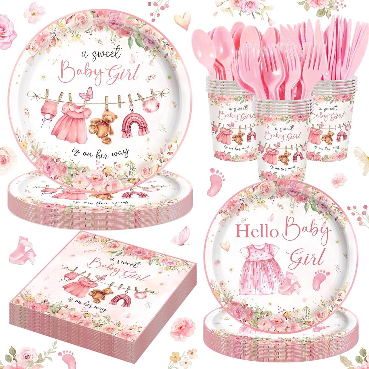 140Pcs Baby Shower Decorations for Girls,Pink Girl Baby Shower Gender Reveal Birthday Decorations Party Tableware Set Paper Plates Cups Napkins Plastic Forks Knives Spoon for 20 Guests